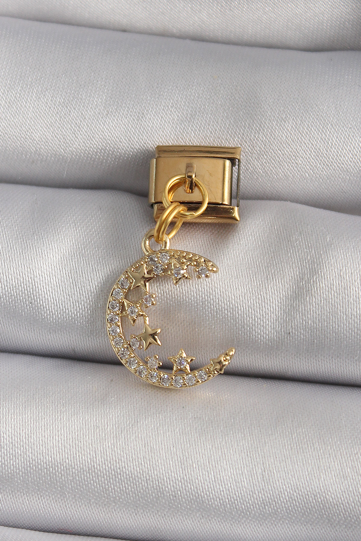 Erb 316L Çelik Gold Renk Sallantı Zirkon Taşlı Hilal Model Nomination Charm