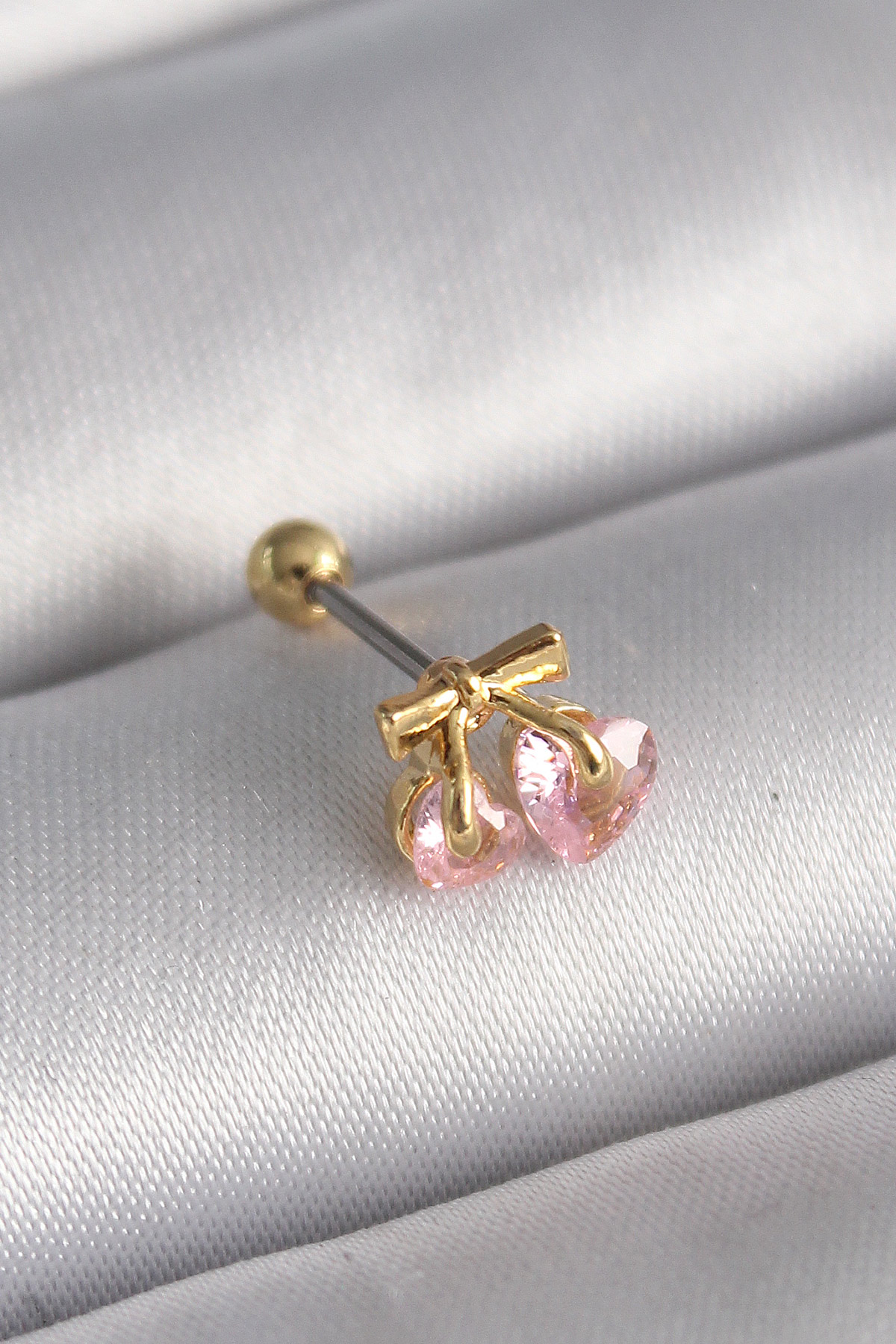 Erb 316L Çelik Gold Renk Pembe Zirkon Taşlı Kalp Tragus Piercing